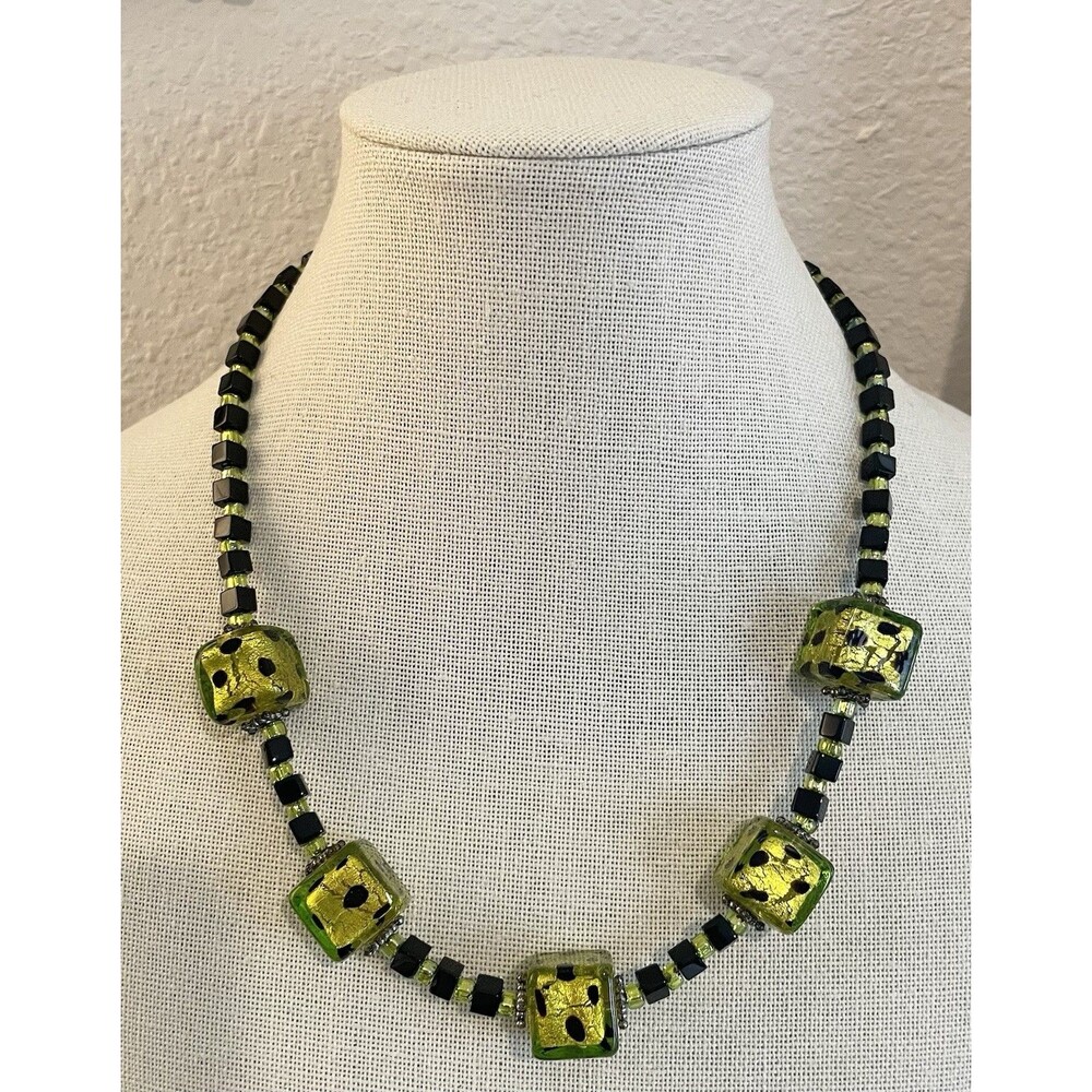 Green Black Gold Foil Artisan Glass Necklace with Sterling Plated Toggle Clasp